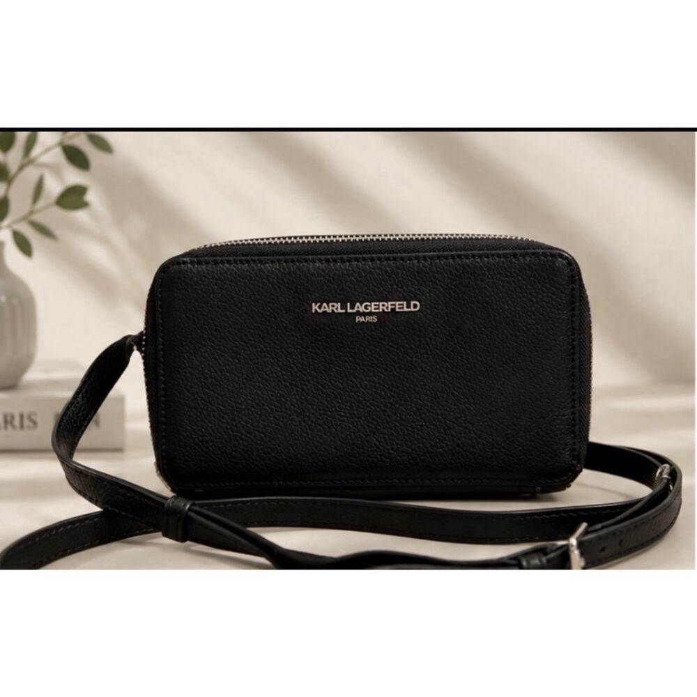 Karl Lagerfeld Paris Black Pebbled Leather Crossbody Wallet Bag